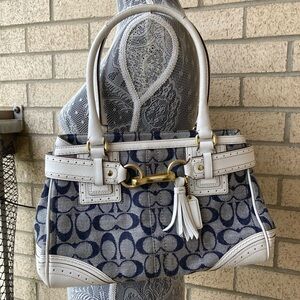 Coach Denim Tote Signature White Leather Hamptons Carryall Gold Hardware Clasp